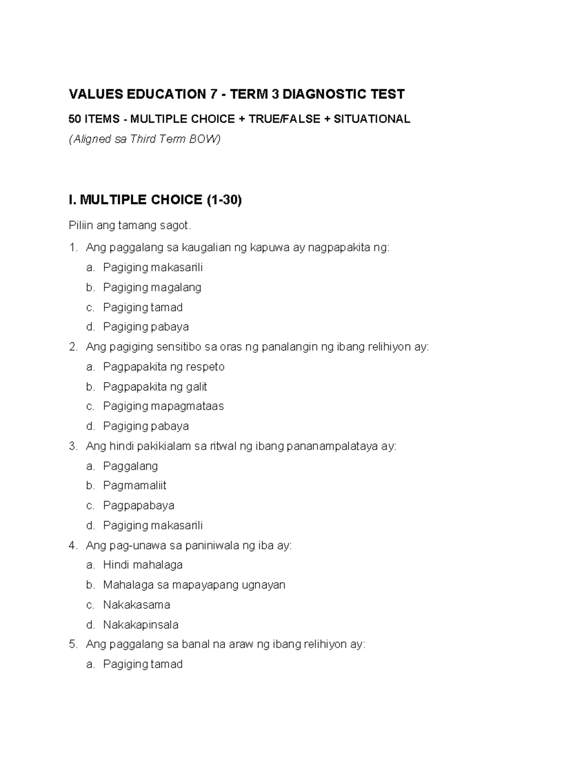 values-education-7-term-3-diagnostic-test-50-mcqs-situational-items