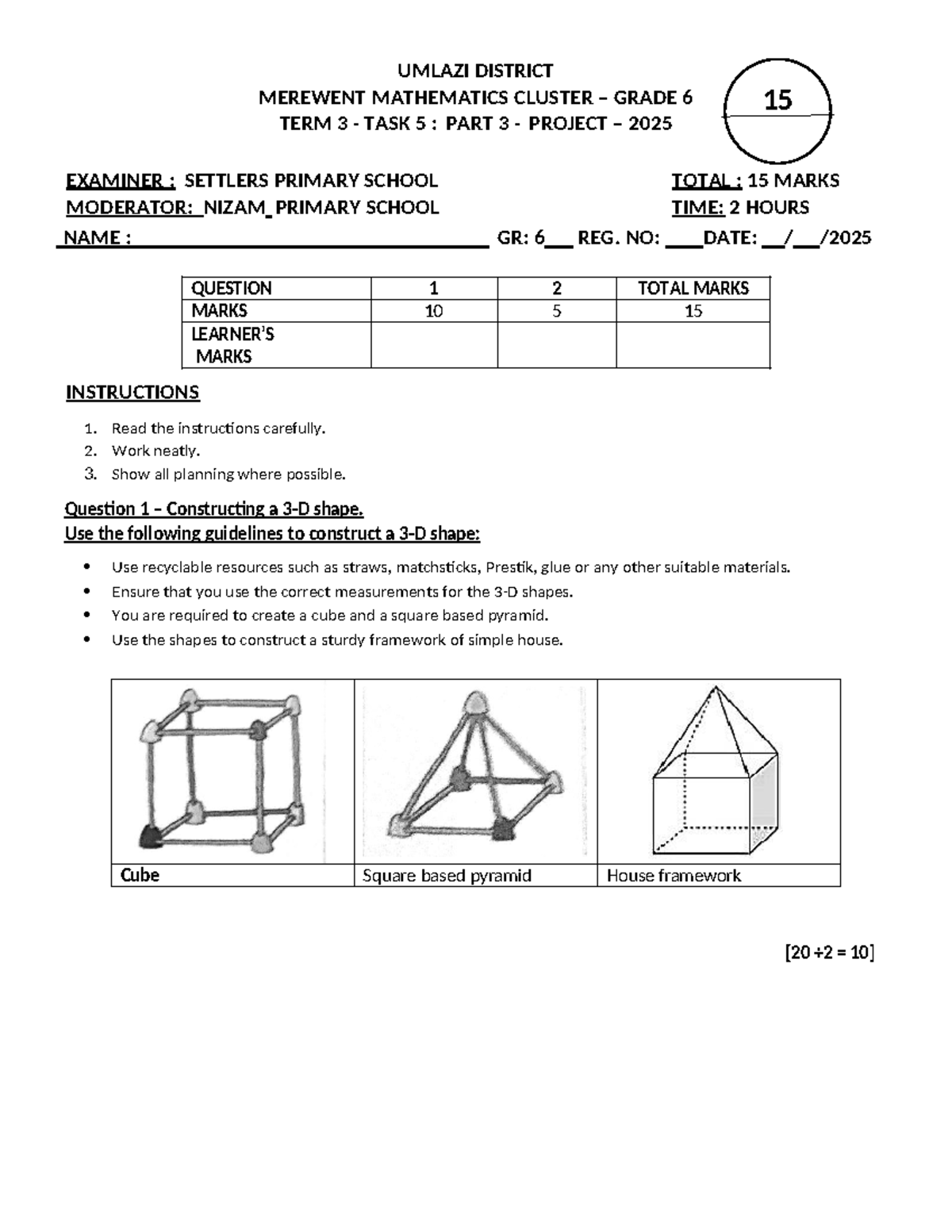 UMLAZI DISTRICT GRADE 6 TERM 3 MATH PROJECT TASK 5 - Studocu