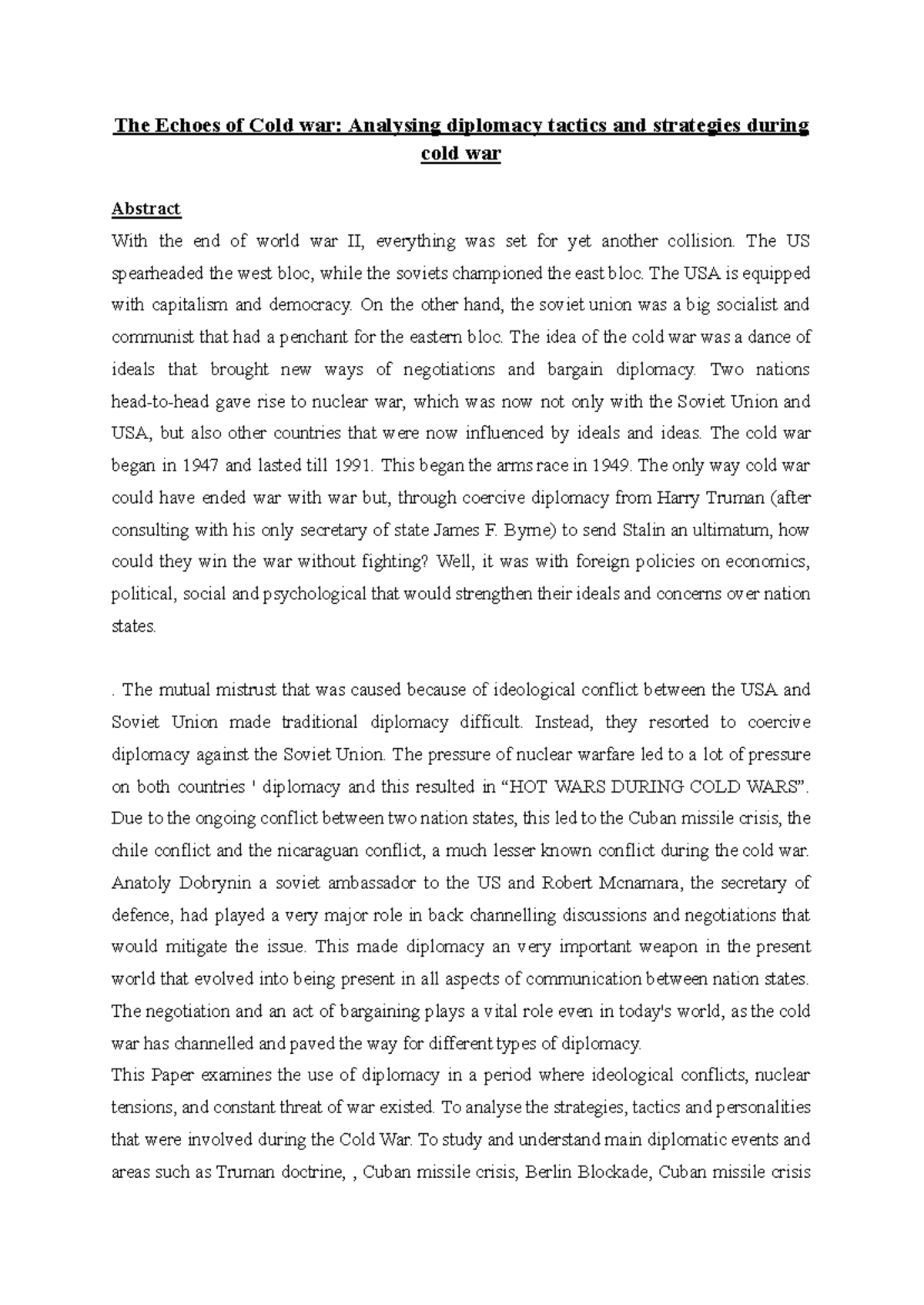 Diplomacy Strategies in the Cold War: A Comprehensive Analysis - Studocu