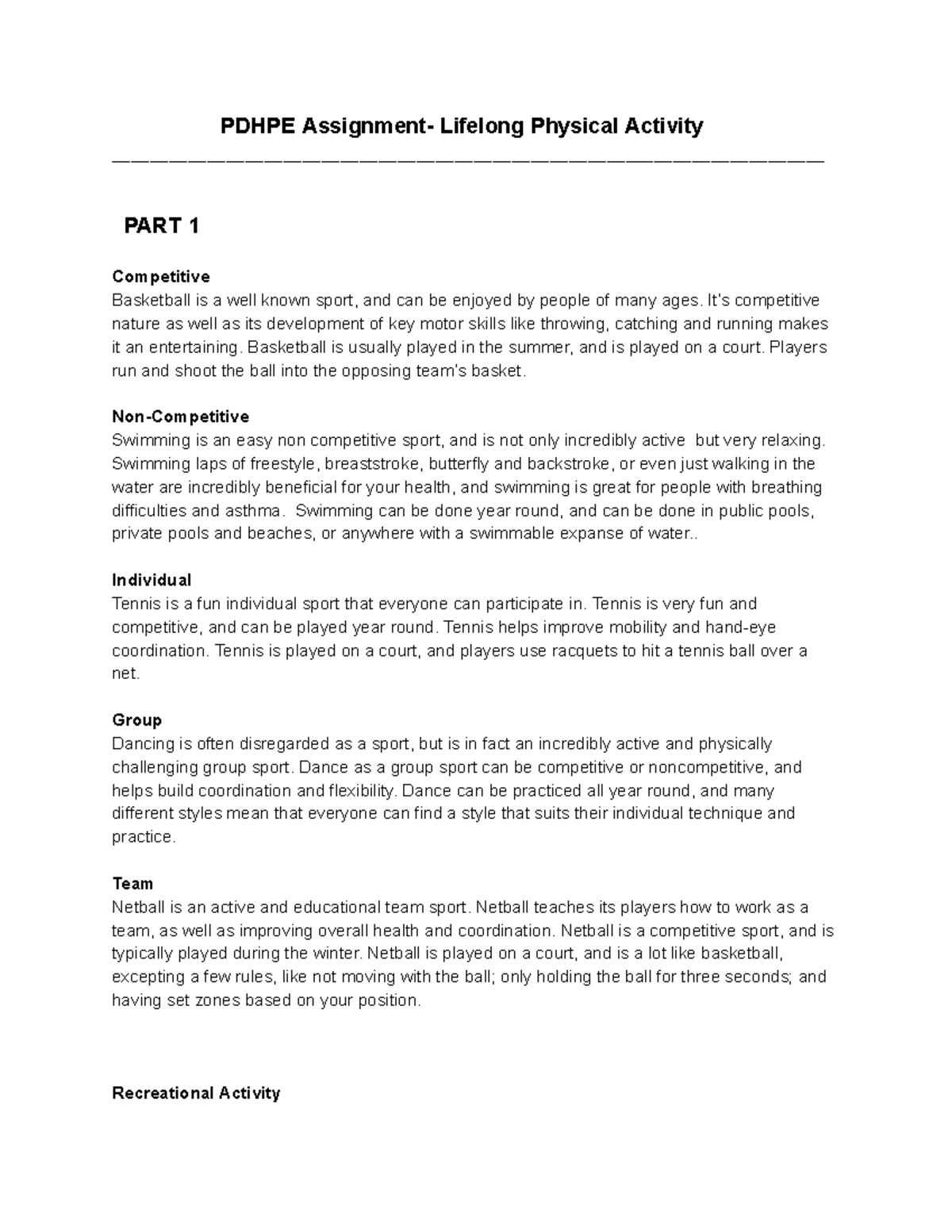 PDHPE Assignment: Exploring Lifelong Physical Activity Choices - Studocu
