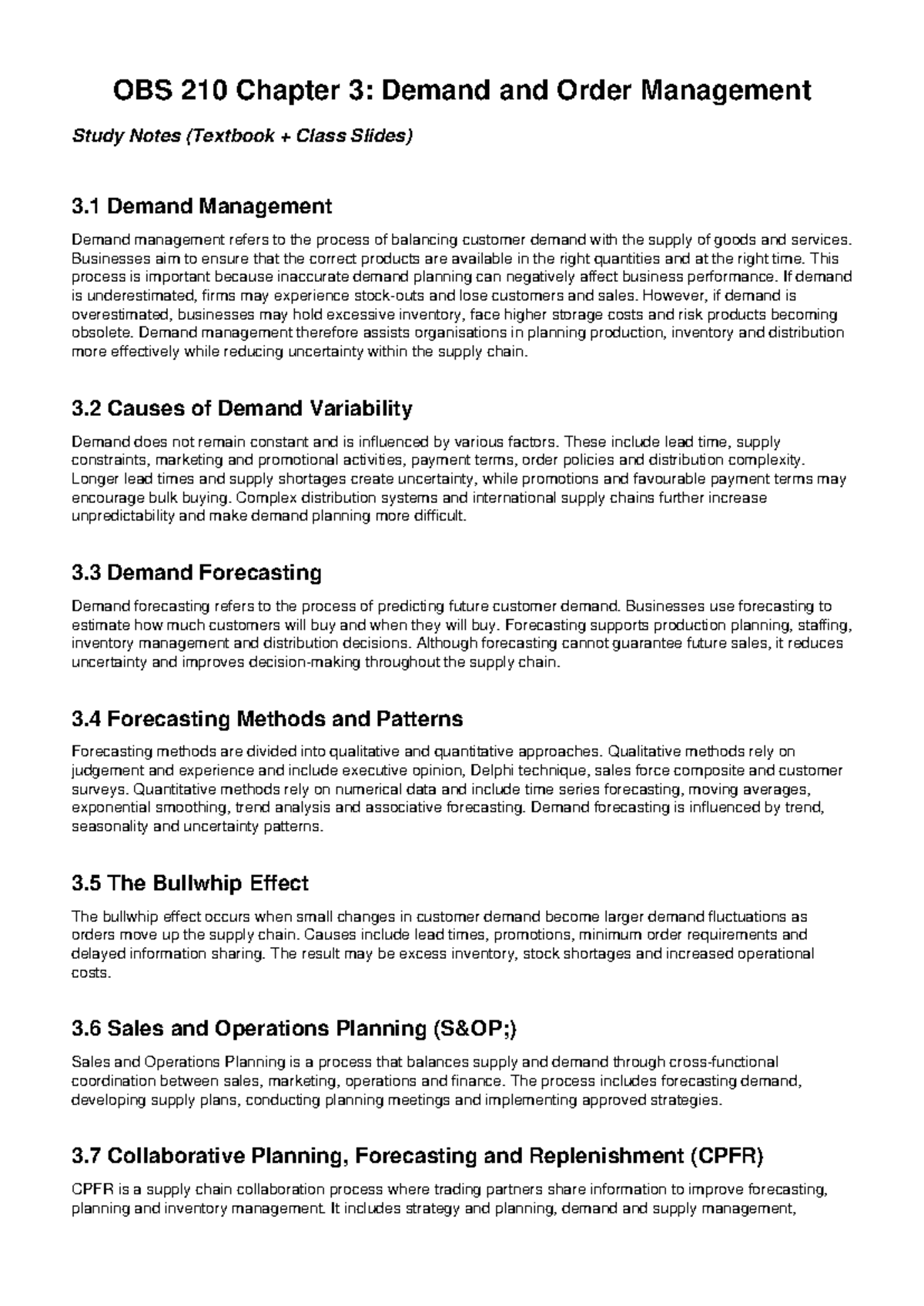 OBS 210 Chapter 3: Demand & Order Management Study Notes - Studocu