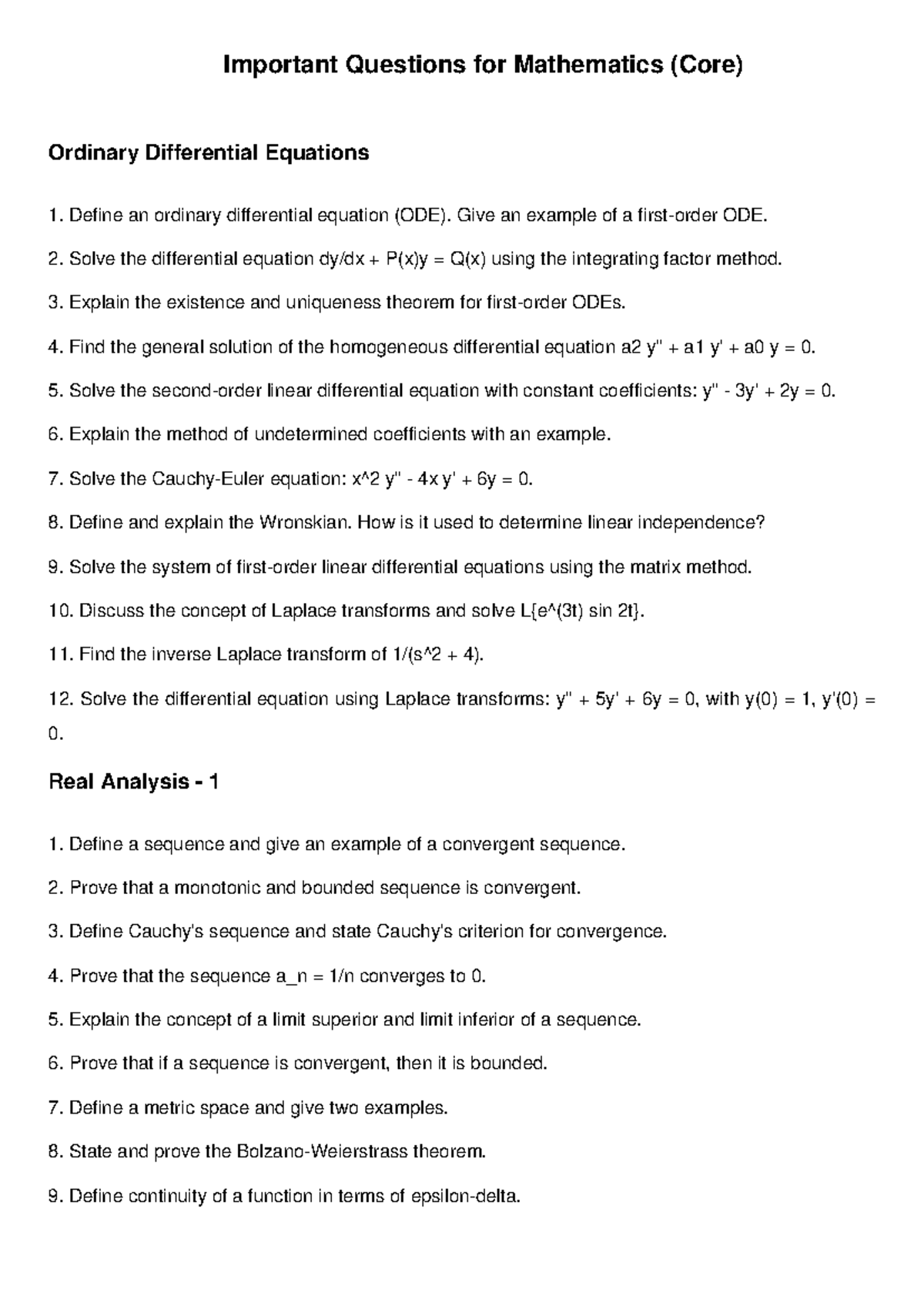 Important Questions Mathematics - Important Questions for Mathematics ...