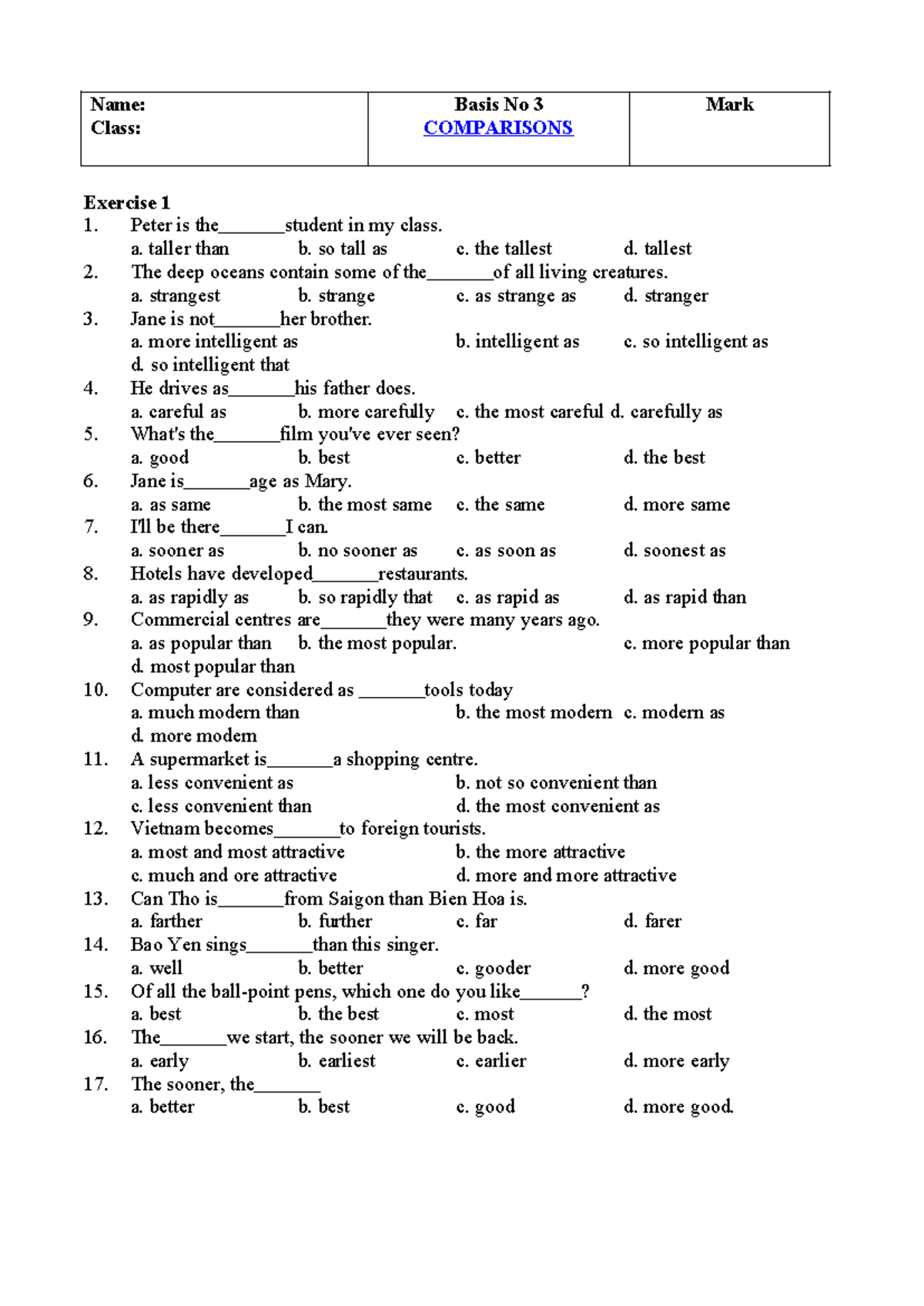 Bai tap trac nghiem cau so sanh trong Tieng Anh co dap an - Name: Class ...