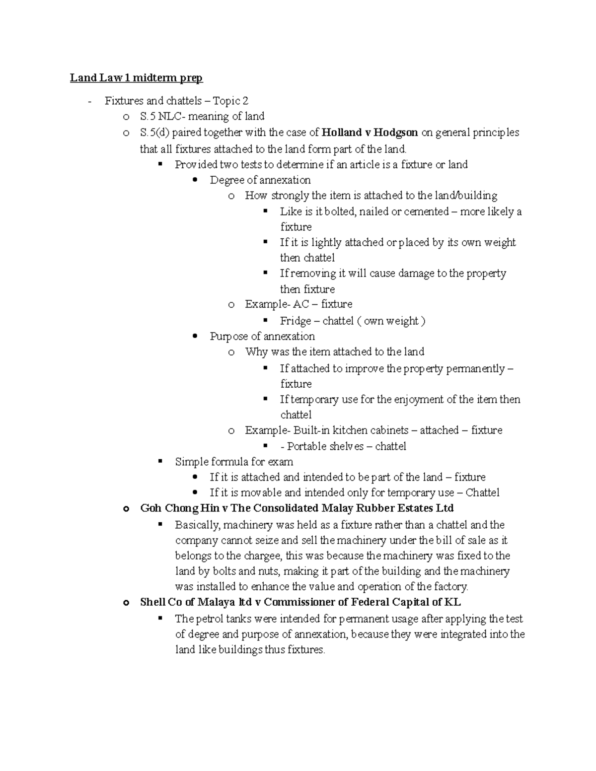 Land Law 1 Midterm Prep: Fixtures, Chattels, and Legal Principles - Studocu