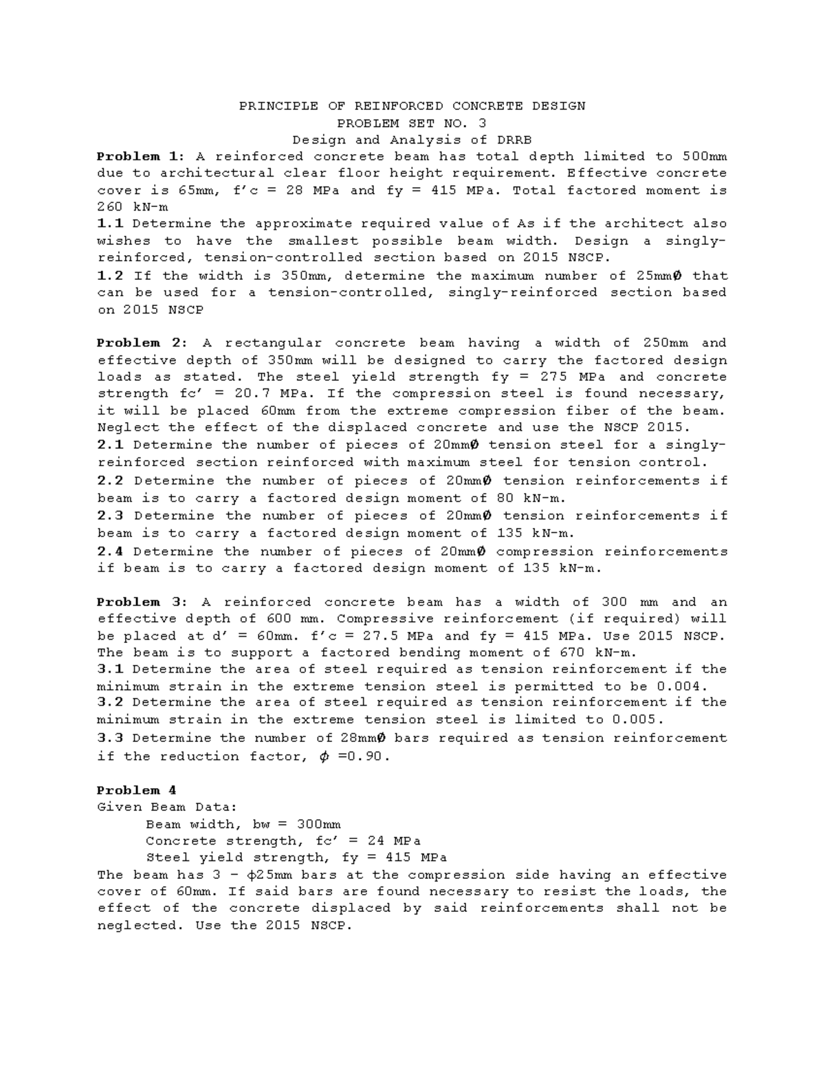 Problem Set No. 3: Reinforced Concrete Design (RCD) Analysis and ...