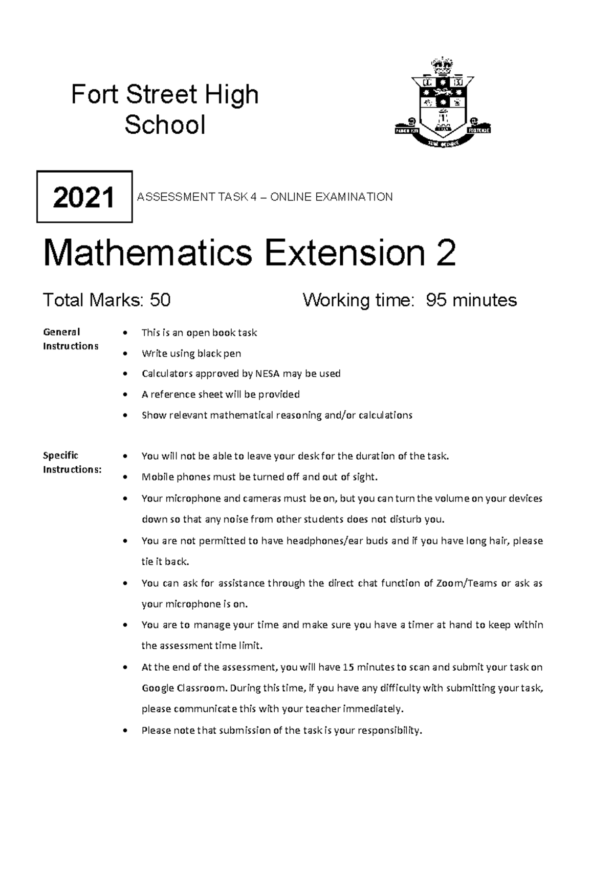 Fort St 2021 4U Mathematics Extension 2 Exam Solutions - Studocu