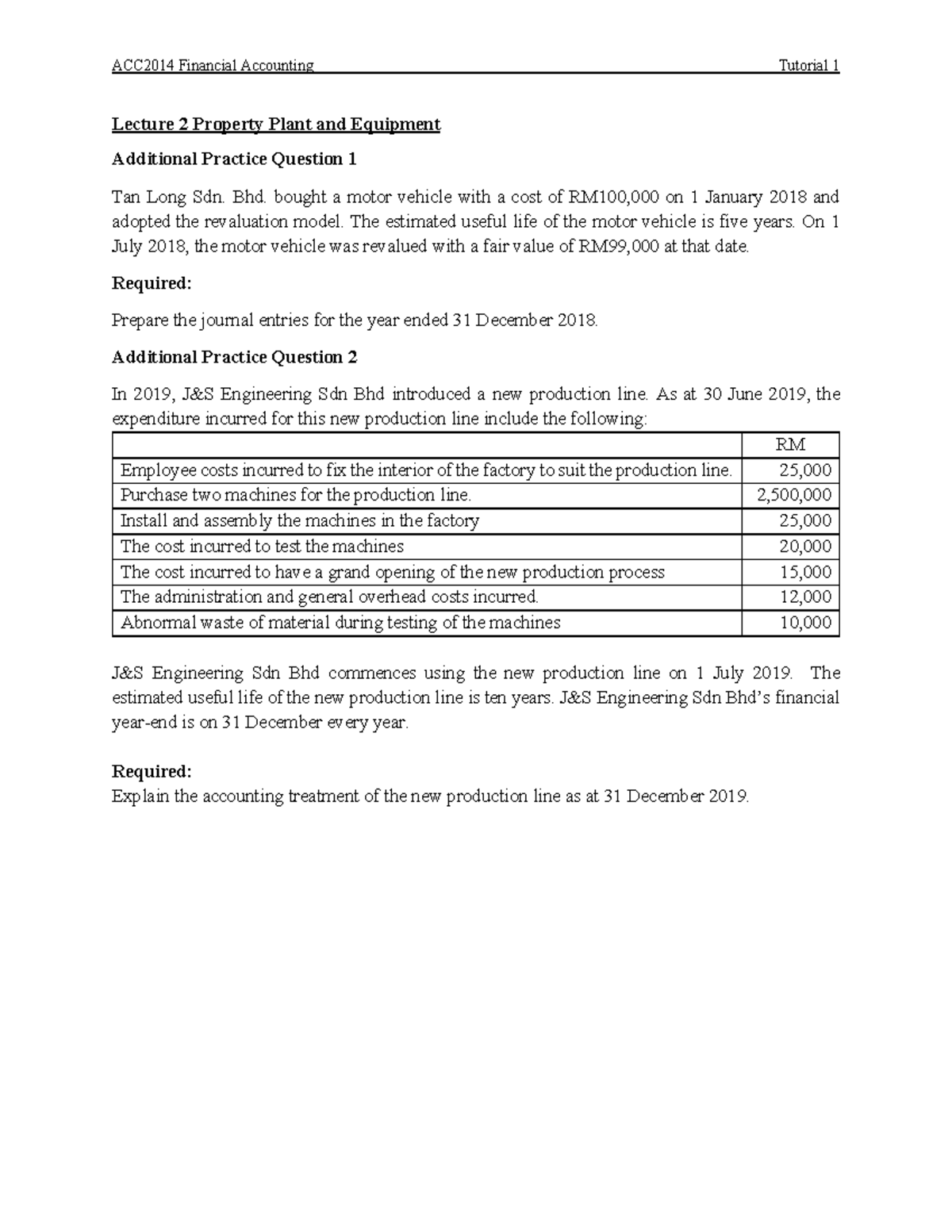 ACC2014 Financial Accounting Tutorial 1: IAS 16 & MFRS 116 Practice Qs ...
