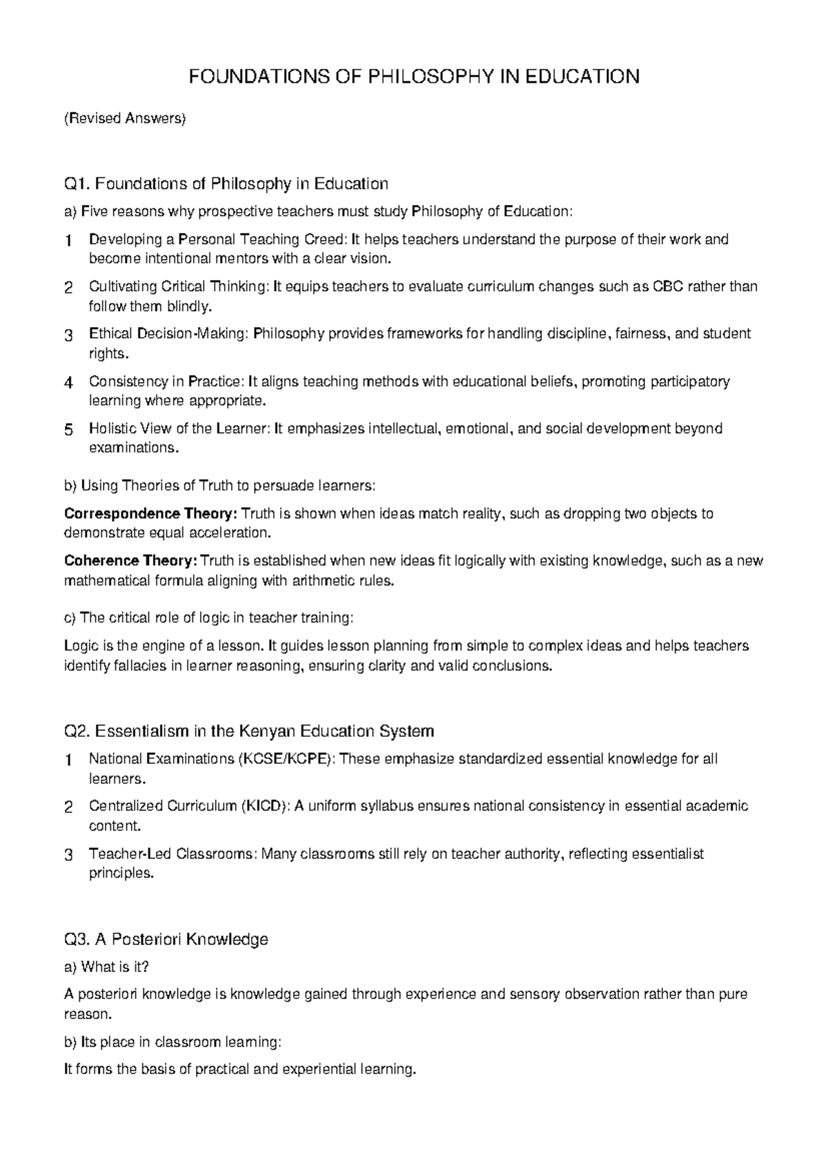 FOUNDATIONS OF PHILOSOPHY IN EDUCATION: Q1-Q5 Insights - Studocu