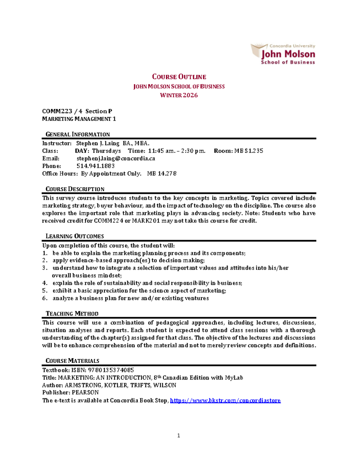 Course Outline: COMM223 Marketing Management - Winter 2026 - Studocu