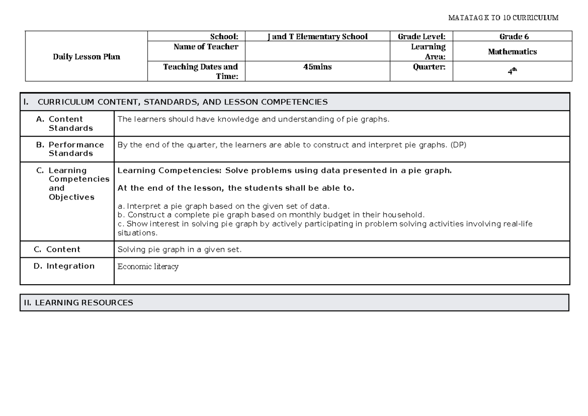 DLP-MATH-6: Daily Lesson Plan on Pie Graphs and Data Interpretation ...