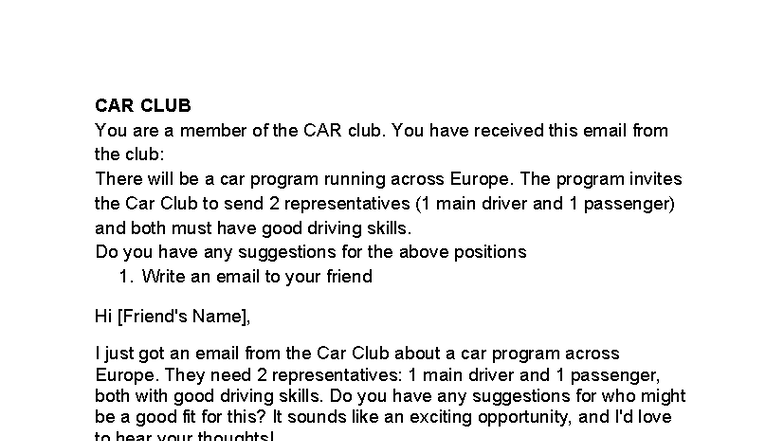 Car Club - Representative Selection for Europe Program - Studocu