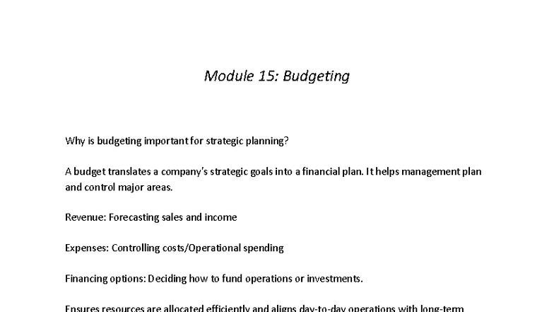 Module 15: Budgeting for Strategic Planning and Financial Control - Studocu
