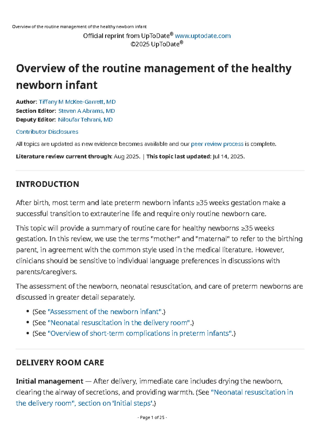 Routine Management of Healthy Newborns: Overview and Guidelines - Studocu