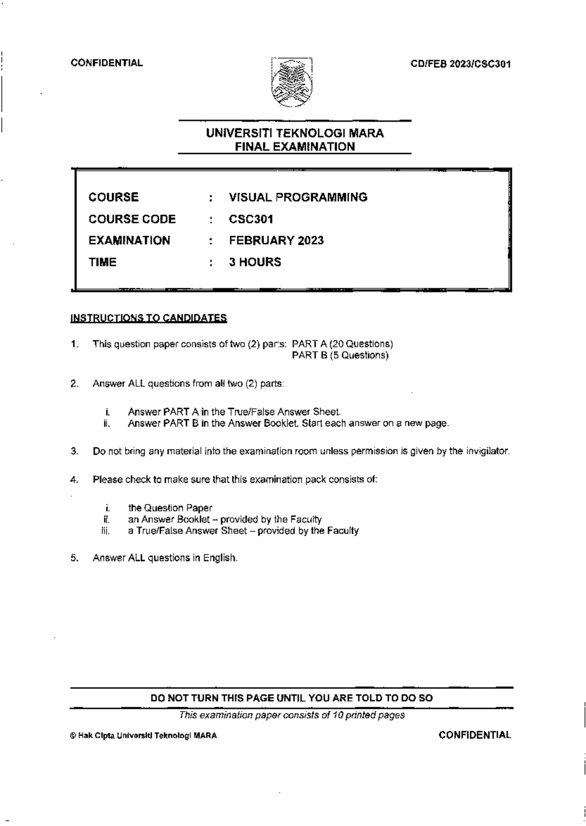 Feb23-CSC301 Final Exam in Visual Programming - Studocu