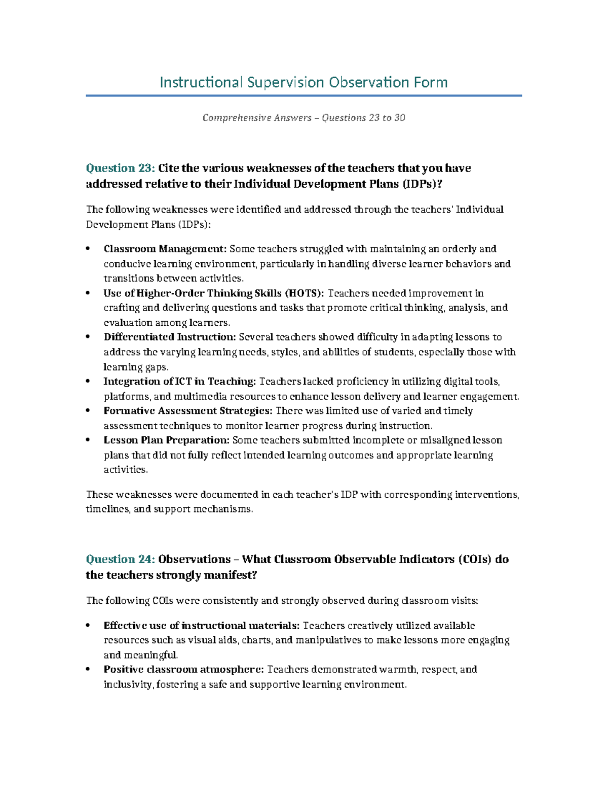 Instructional Supervision: Comprehensive Observations & IDP Insights ...
