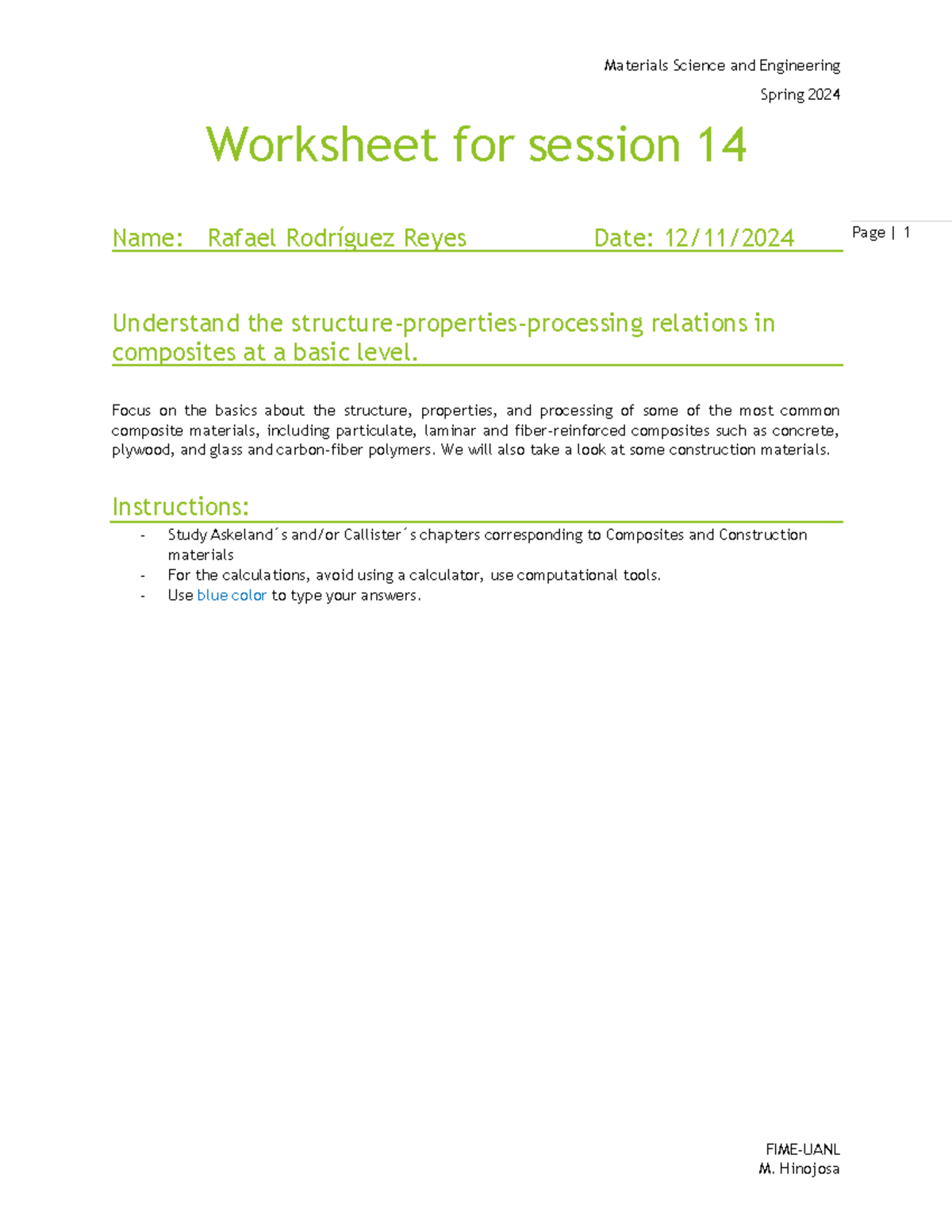 Materials Science and Engineering Spring 2024 Worksheet 14: Composites ...