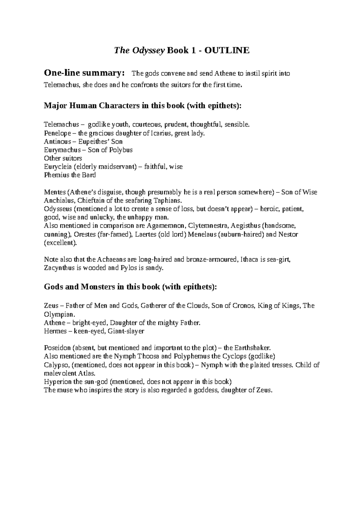 The Odyssey (ENG 101) Book 1 - Detailed Outline Summary - Studocu