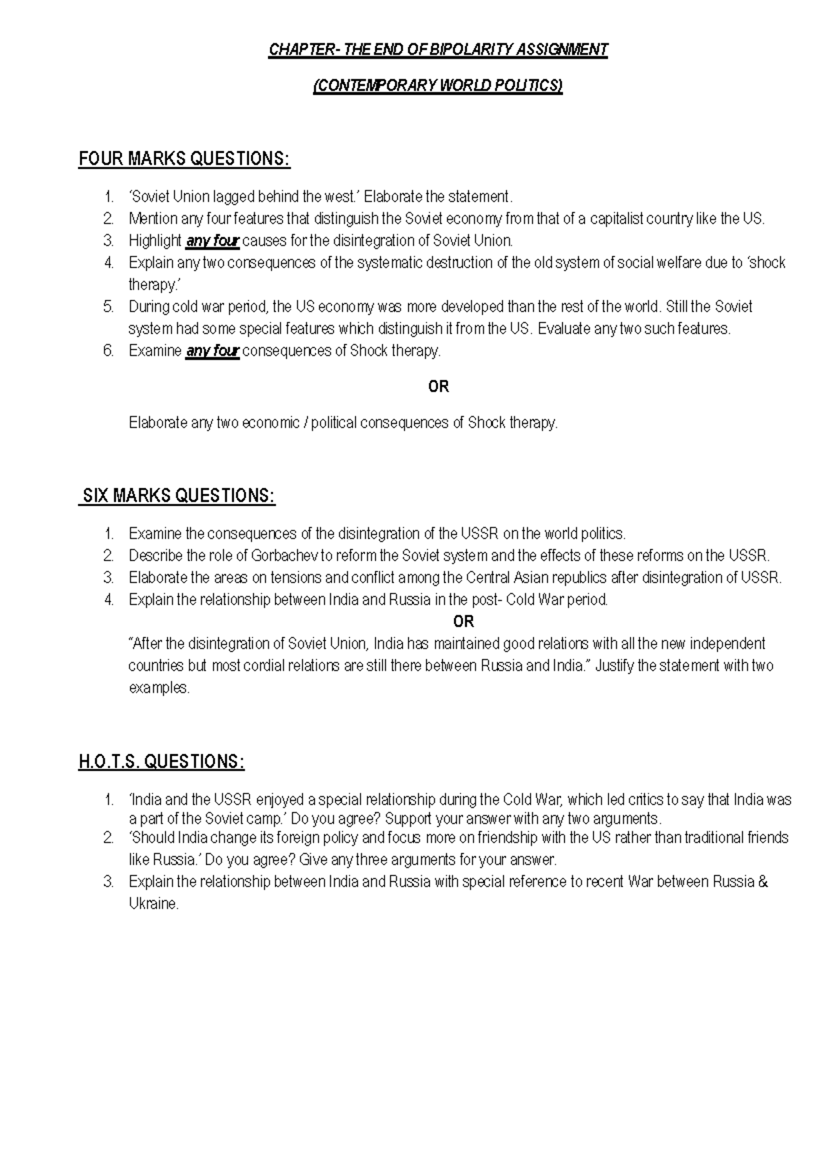 Contemporary World Politics Assignment: End of Bipolarity (2024-25 ...