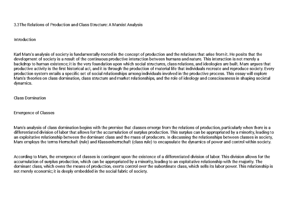 3.3 Marxist Analysis of Production Relations and Class Structure - Studocu