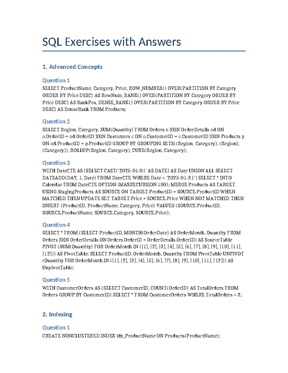 Advanced SQL Server 1: Exercises on Ranking, Indexing, and Views - Studocu