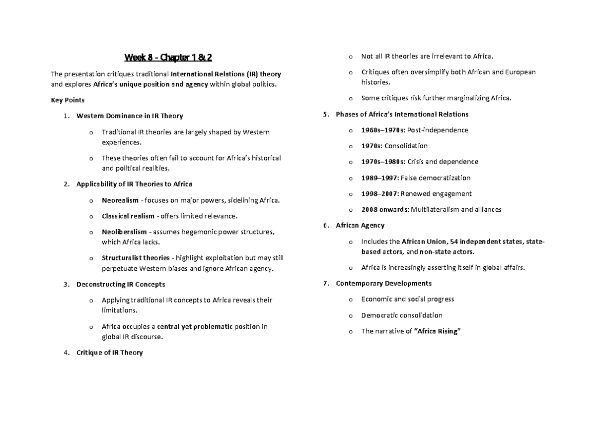 Political Science Notes 144: IR Theories and African Contexts - Studocu