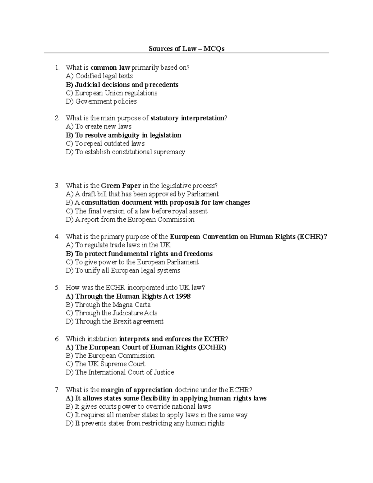 Sources of Law - MCQs for LSM - Comprehensive Study Guide - Studocu