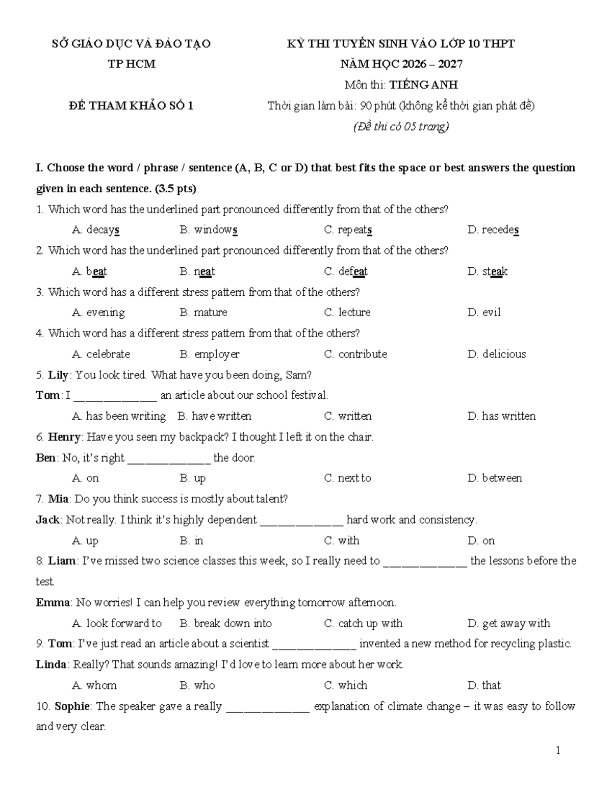 ĐỀ THI TUYỂN SINH LỚP 10 THPT TP HCM NĂM HỌC 2026-2027 - MÔN TIẾNG ANH - Document Preview