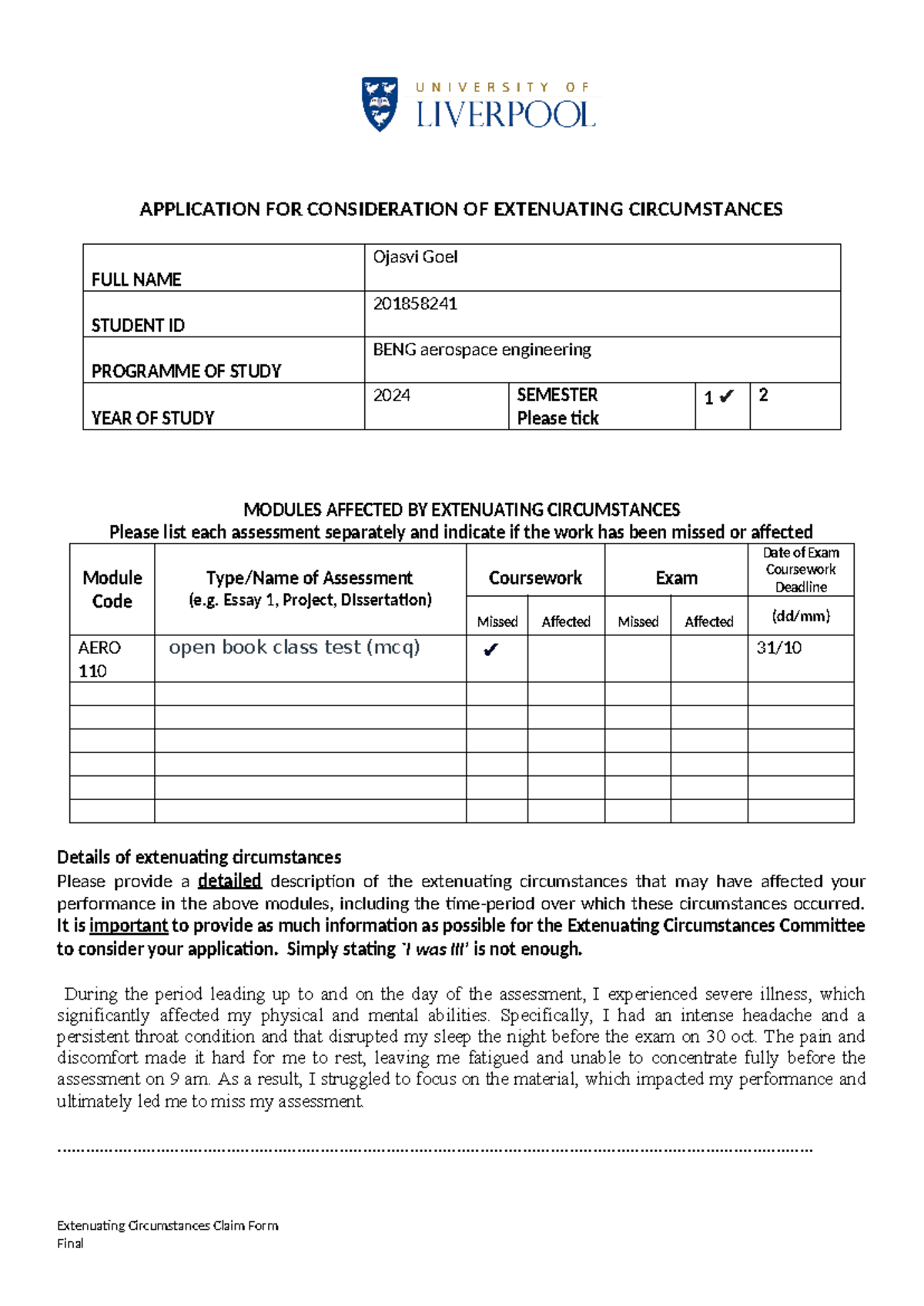 Extenuating Circumstances Application Form (AERO 110) - Final ...