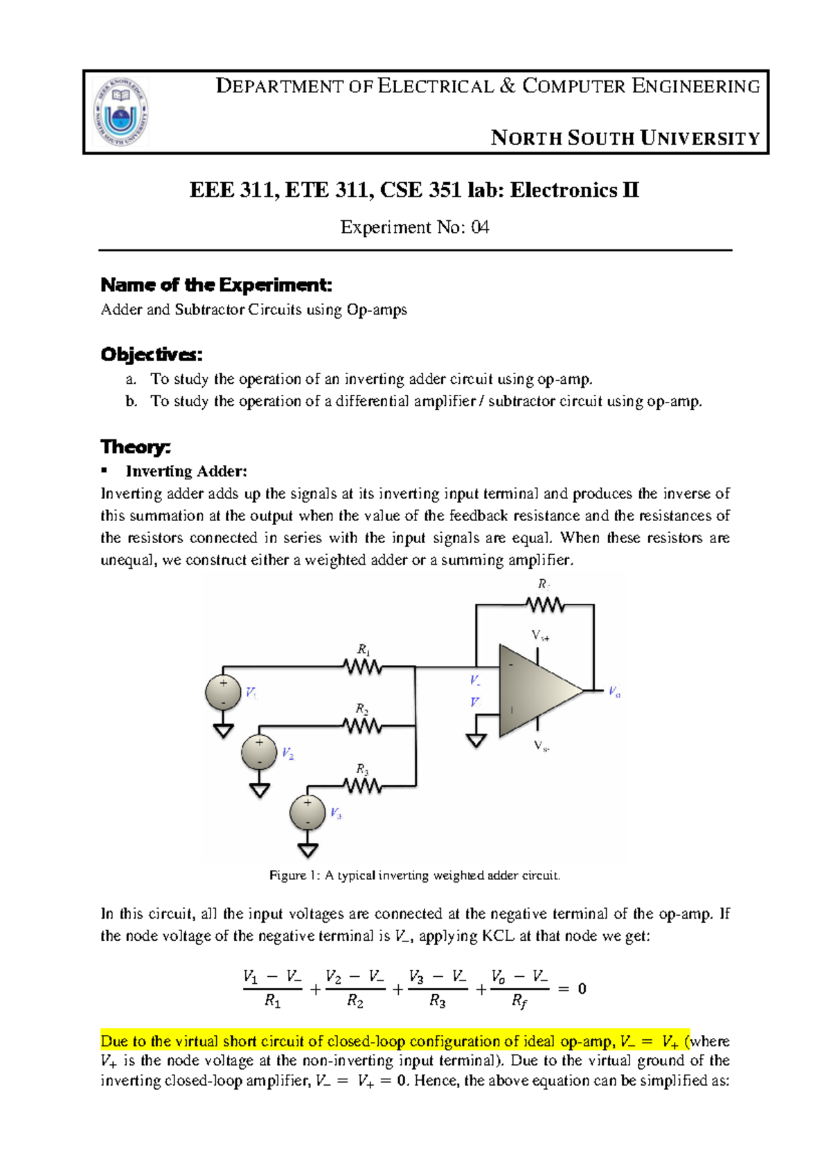 EEE 311 Lab Manual 4: Adder and Subtractor Circuits Experiment - Studocu