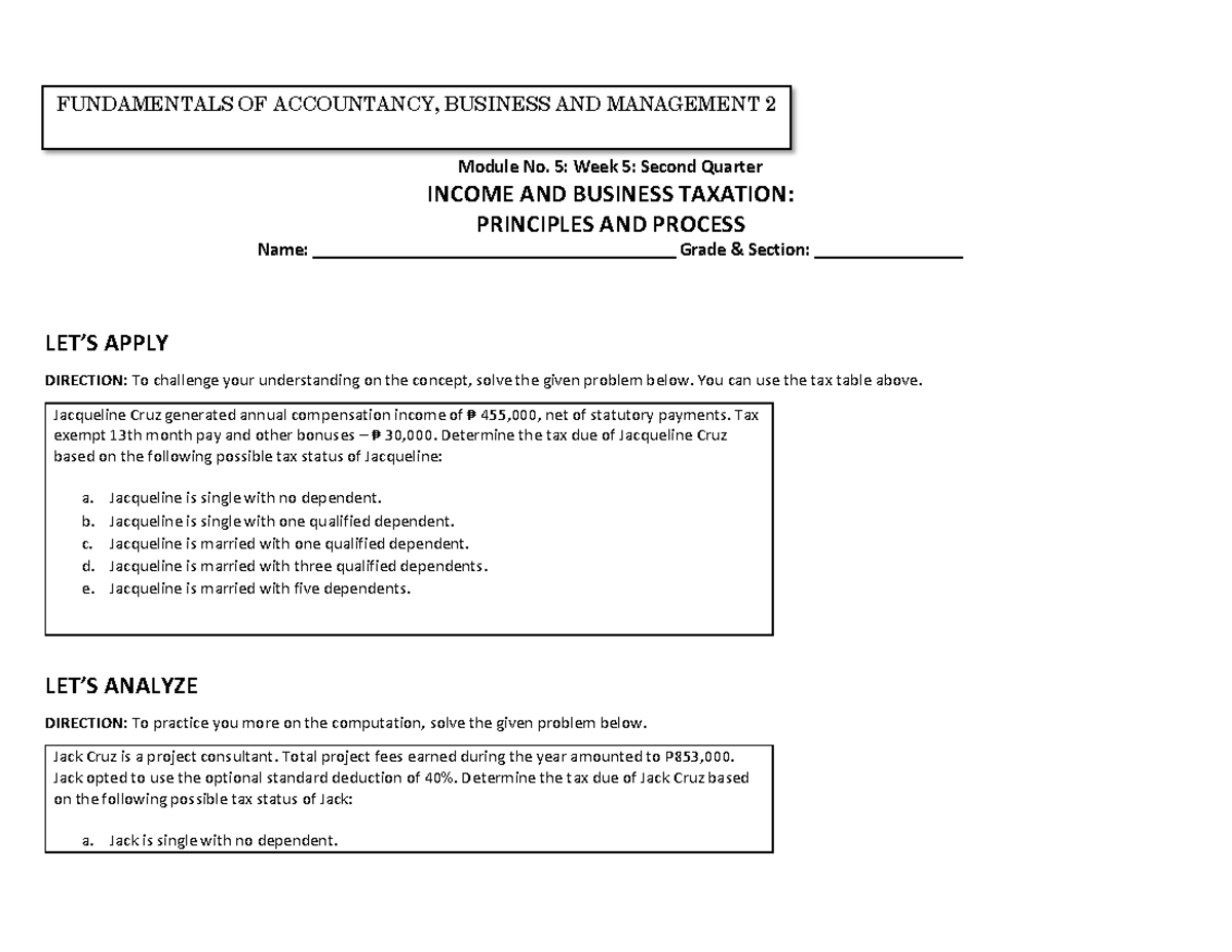 Yollen FABM2 Q2M5 Income & Business Tax Performance Task Solutions ...