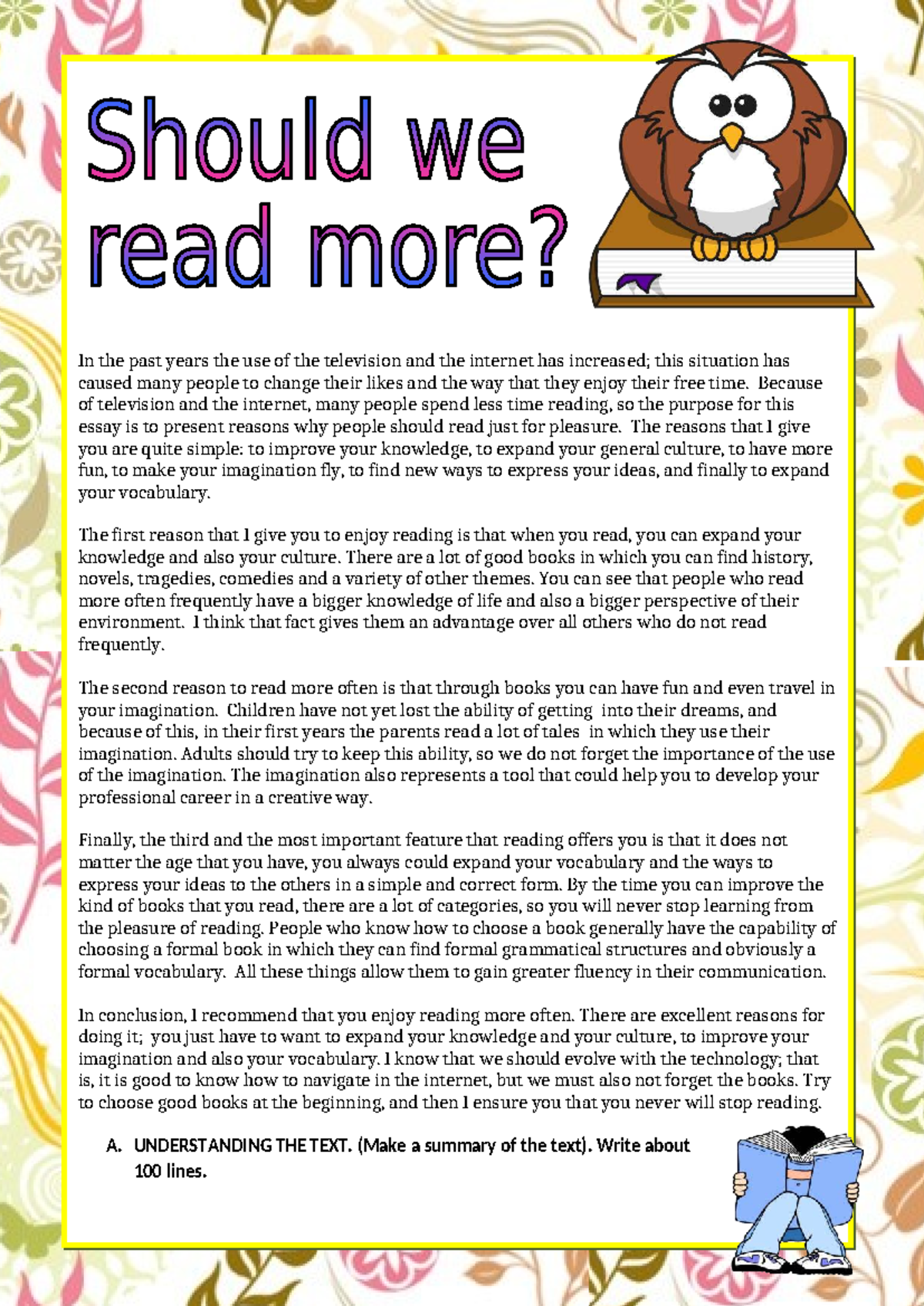 Reading 6396 - Essay on the Importance of Reading for Pleasure - Studocu