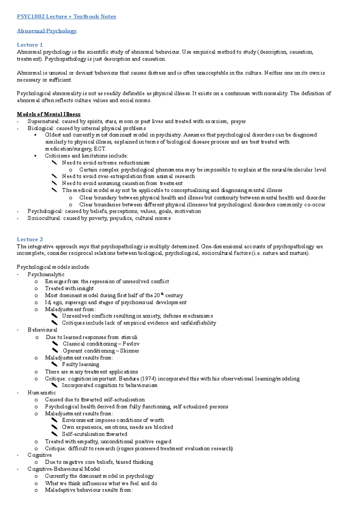 PSYC1002 Lecture Notes on Abnormal Psychology Concepts and Models - Studocu