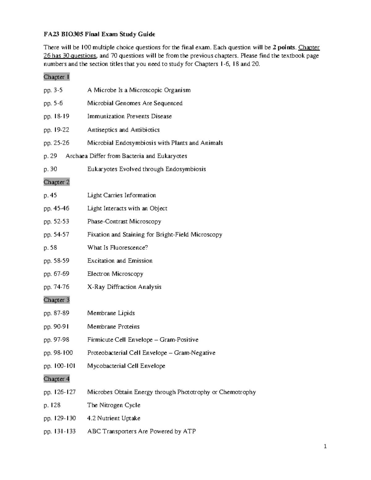 FA23 BIO305 Final Exam Study Guide: Key Topics & Chapter Reviews - Studocu