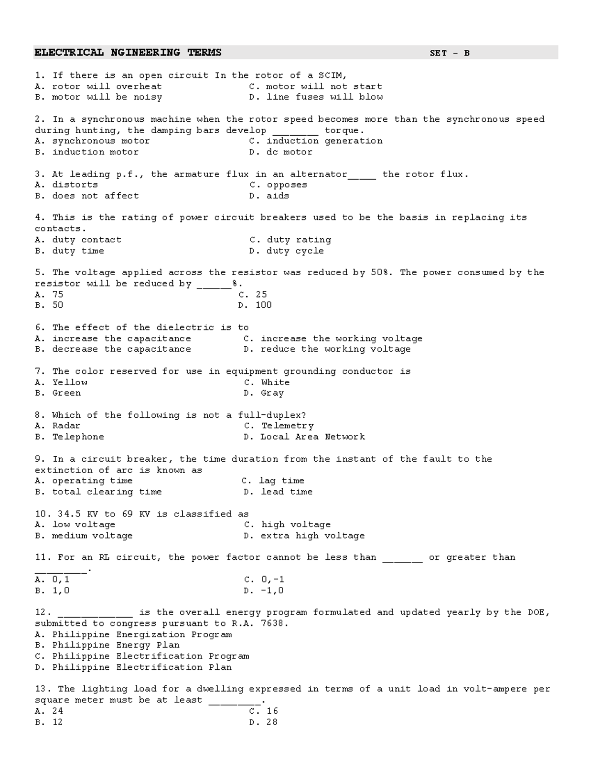 Terms-EE - NONE - ELECTRICAL NGINEERING TERMS SET - B If there is an ...