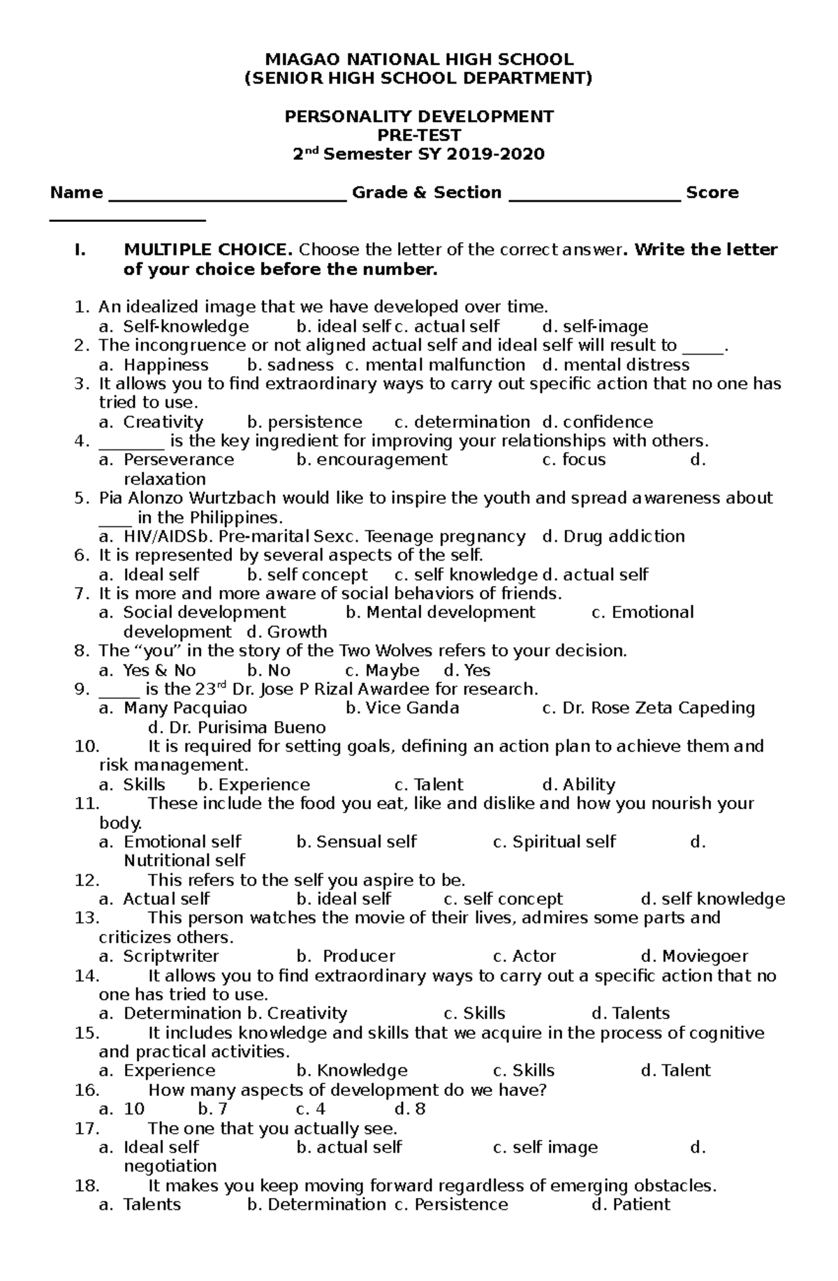 Perdev-PRE TEST Review for 2nd Semester SY 2019-2020 - Studocu