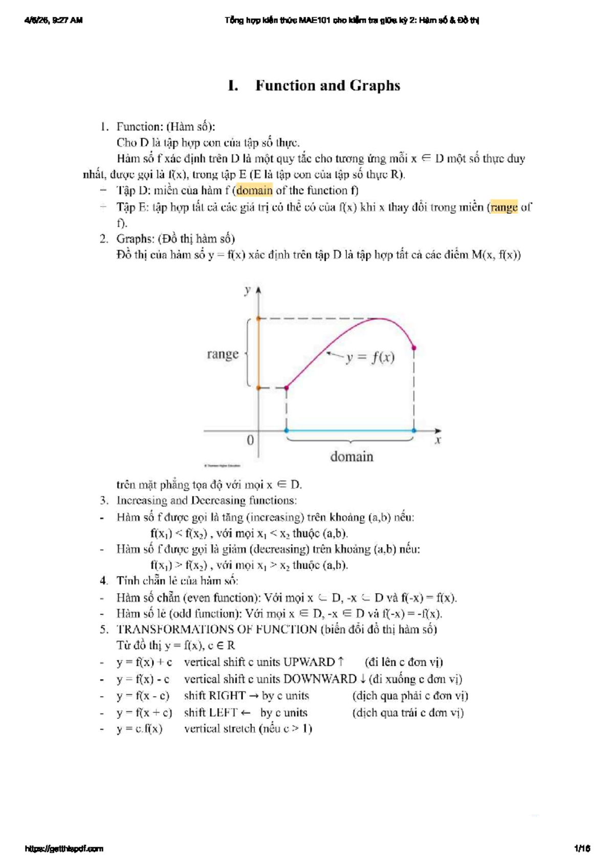 Tổng hợp kiến thức MAE101 cho kiểm tra kỳ 2: Hàm số và Đồ thị - Studocu