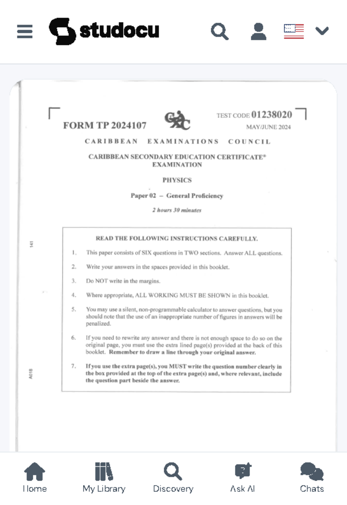 CSEC Physics Past Paper Practice Qs - TEST CODE 01238020 TP 2024107 ...