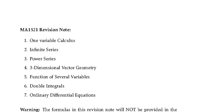MA1521 Final Exam Revision: Calculus & Differential Equations - Studocu
