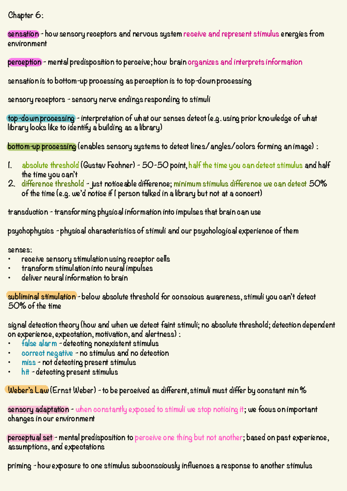 Psych 111 - Chapter 6: Sensation and Perception Overview Notes - Studocu