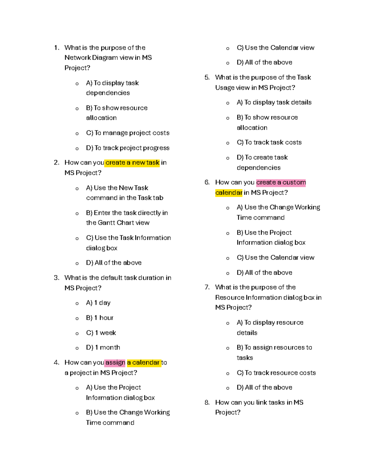 Midterm Exam Review: Key Concepts in MS Project Functions - Studocu