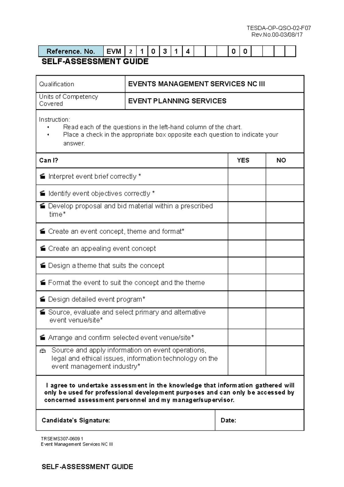 SAG - Self-Assessment Guide for Events Management Services NC III - Studocu