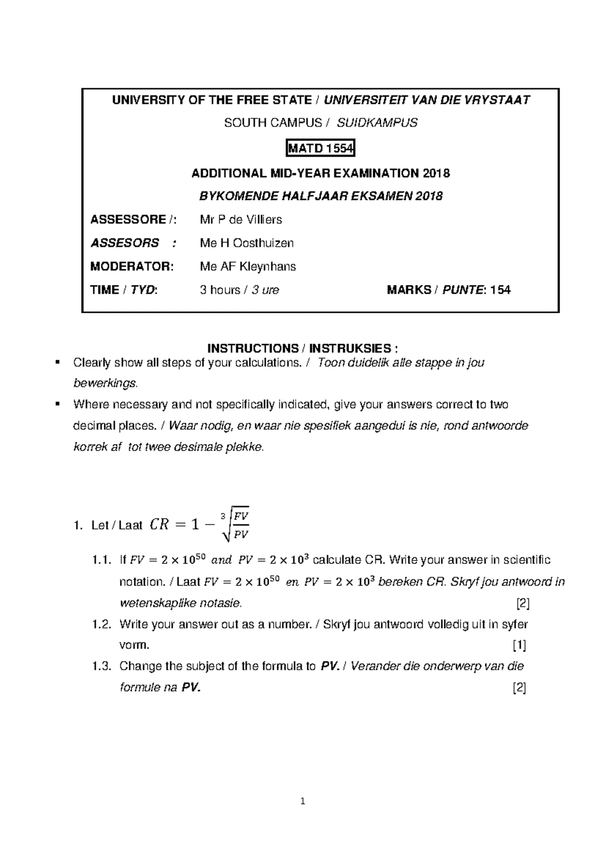 Supplementary Exam MATD 1554: Mathematics Concepts & Problem Solving ...