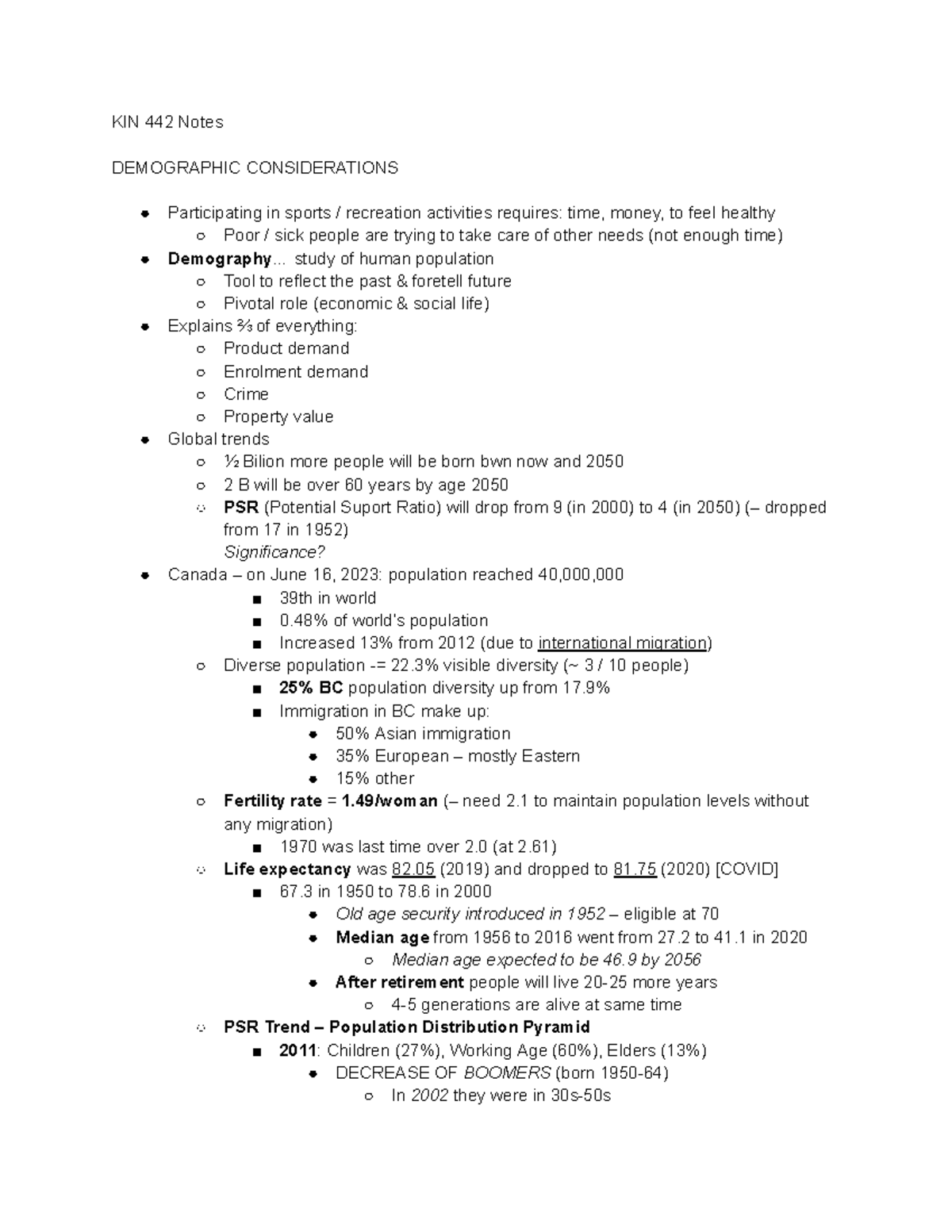 KIN 442 Final Exam Notes: Demographic Considerations & Benefits of ...