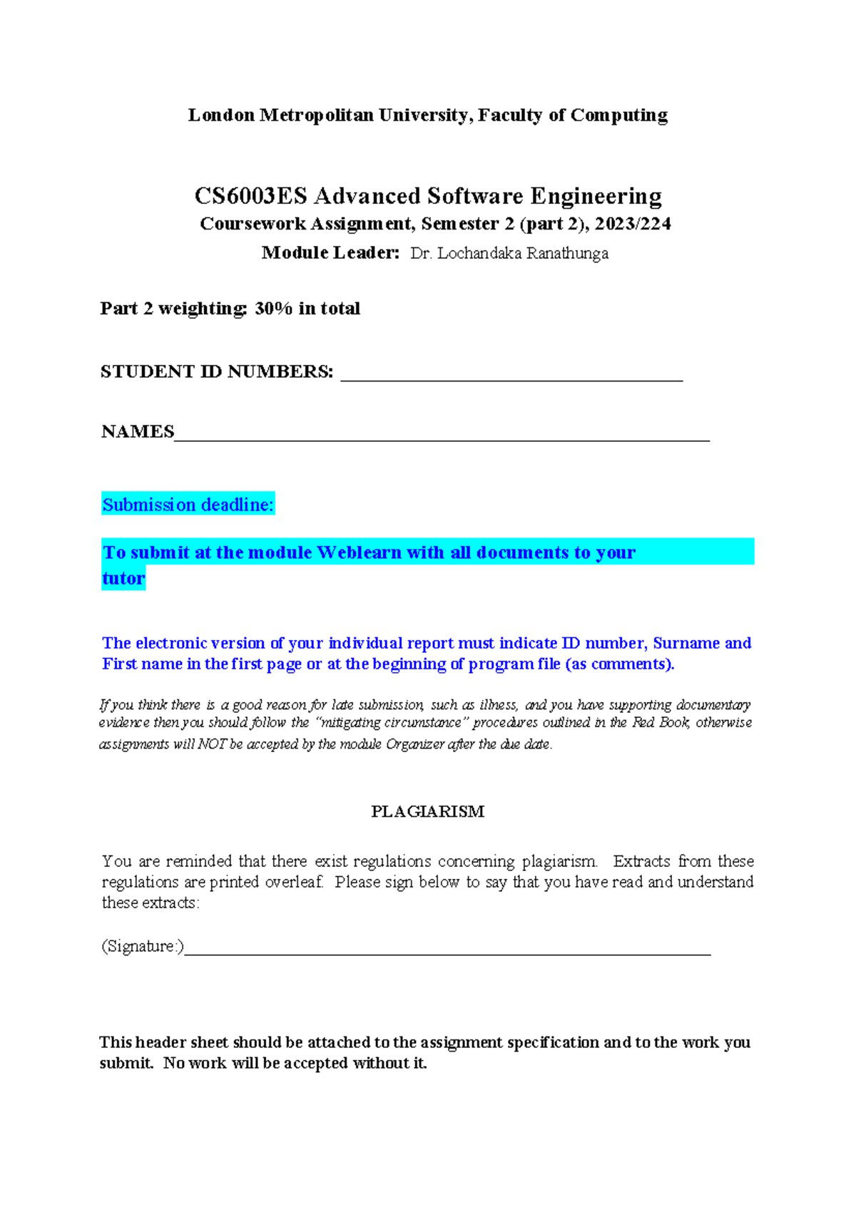CS6003ES Advanced Software Engineering Resit Coursework 2 Guidelines ...