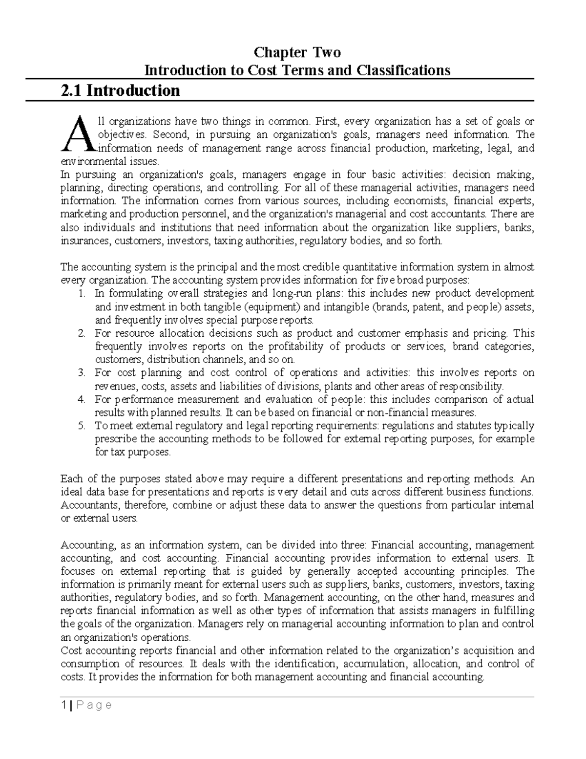 CH-2 cost and management accounting - Chapter Two Introduction to Cost ...