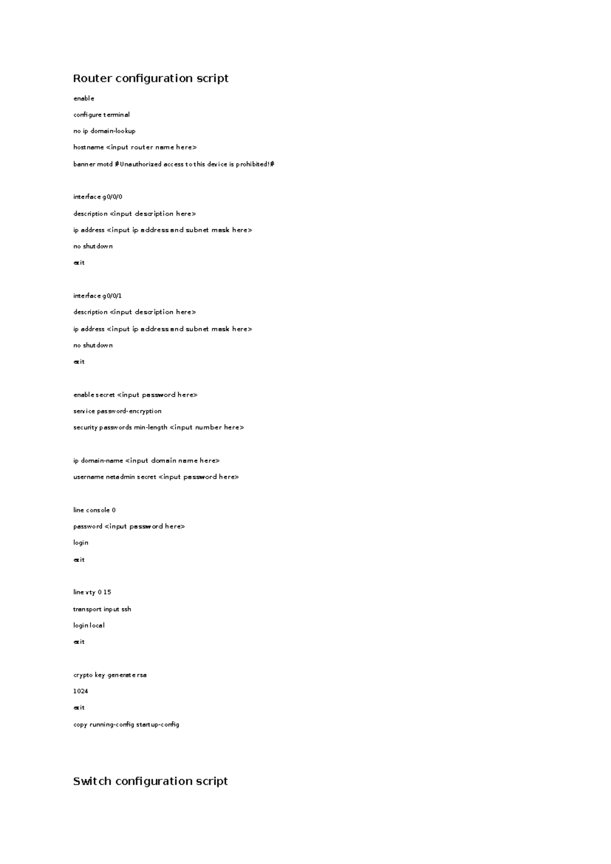 Introduction to Networks Commands for Router and Switch Configuration ...