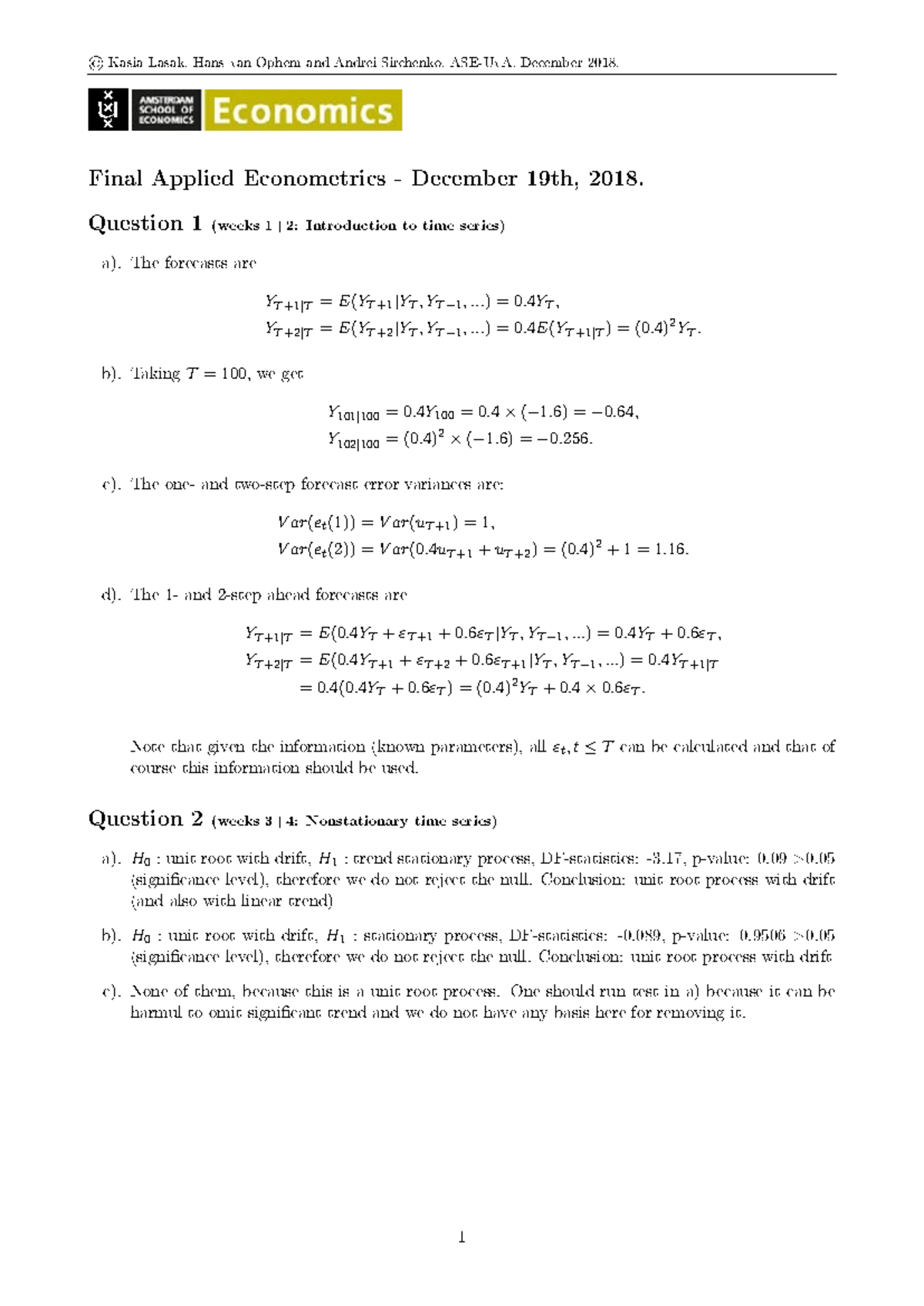 Tentamen Antwoorden Final Applied Econometrics - 18 Dec 2018 - Studeersnel