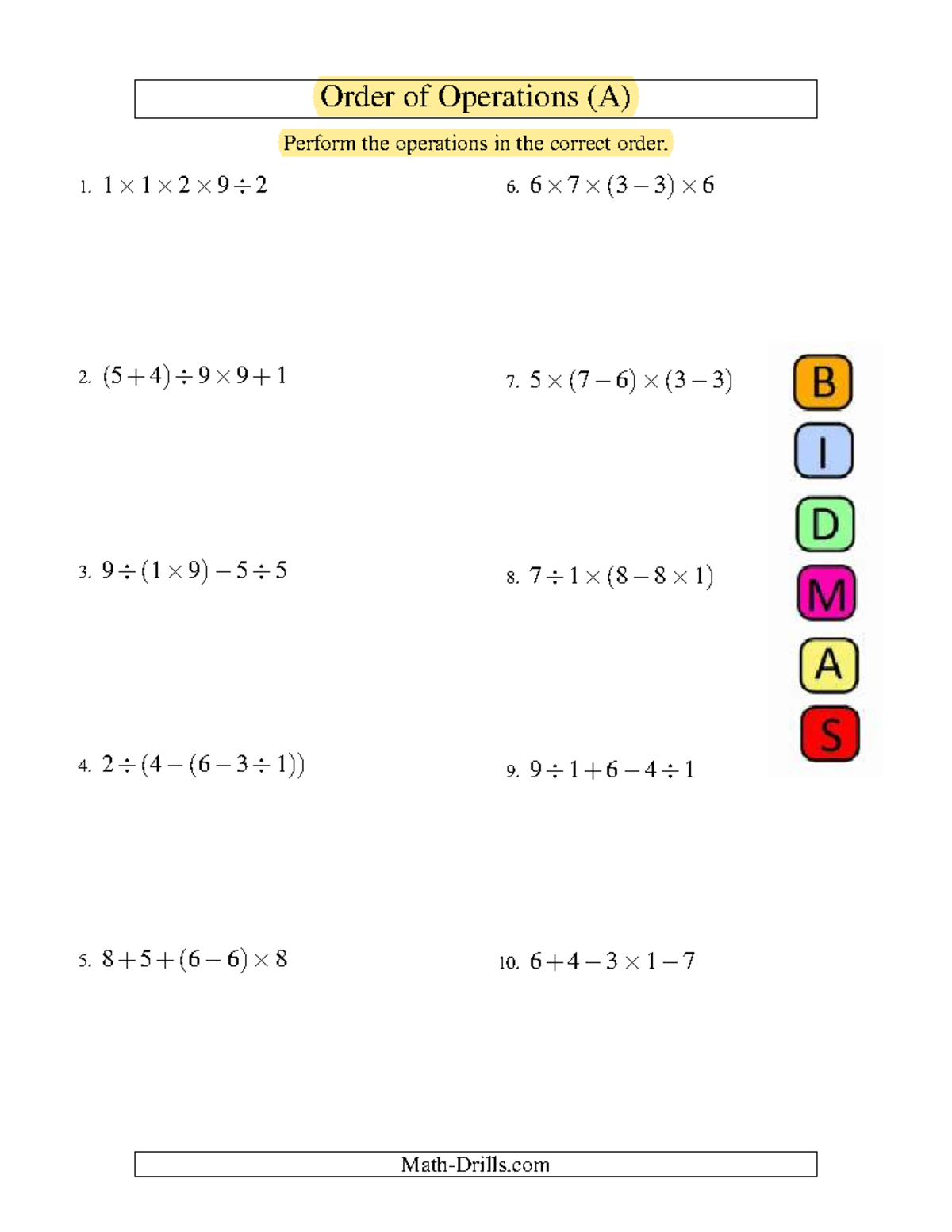 Order of Operations (A) Practice and Solutions - Studocu