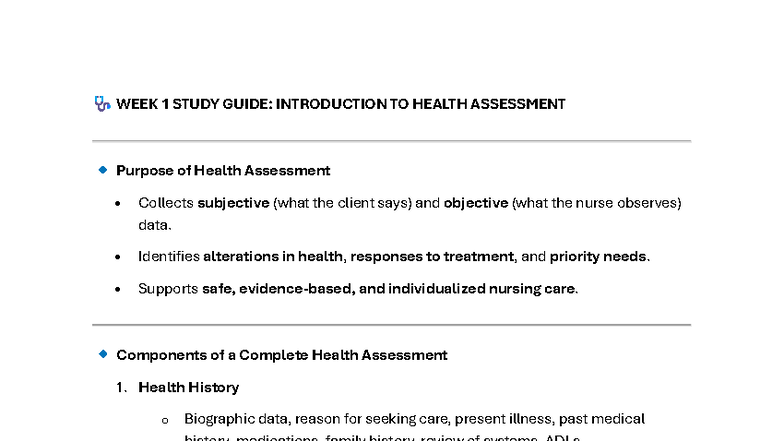 WEEK 1 H.A. Study Guide: Intro to Health Assessment Essentials - Studocu