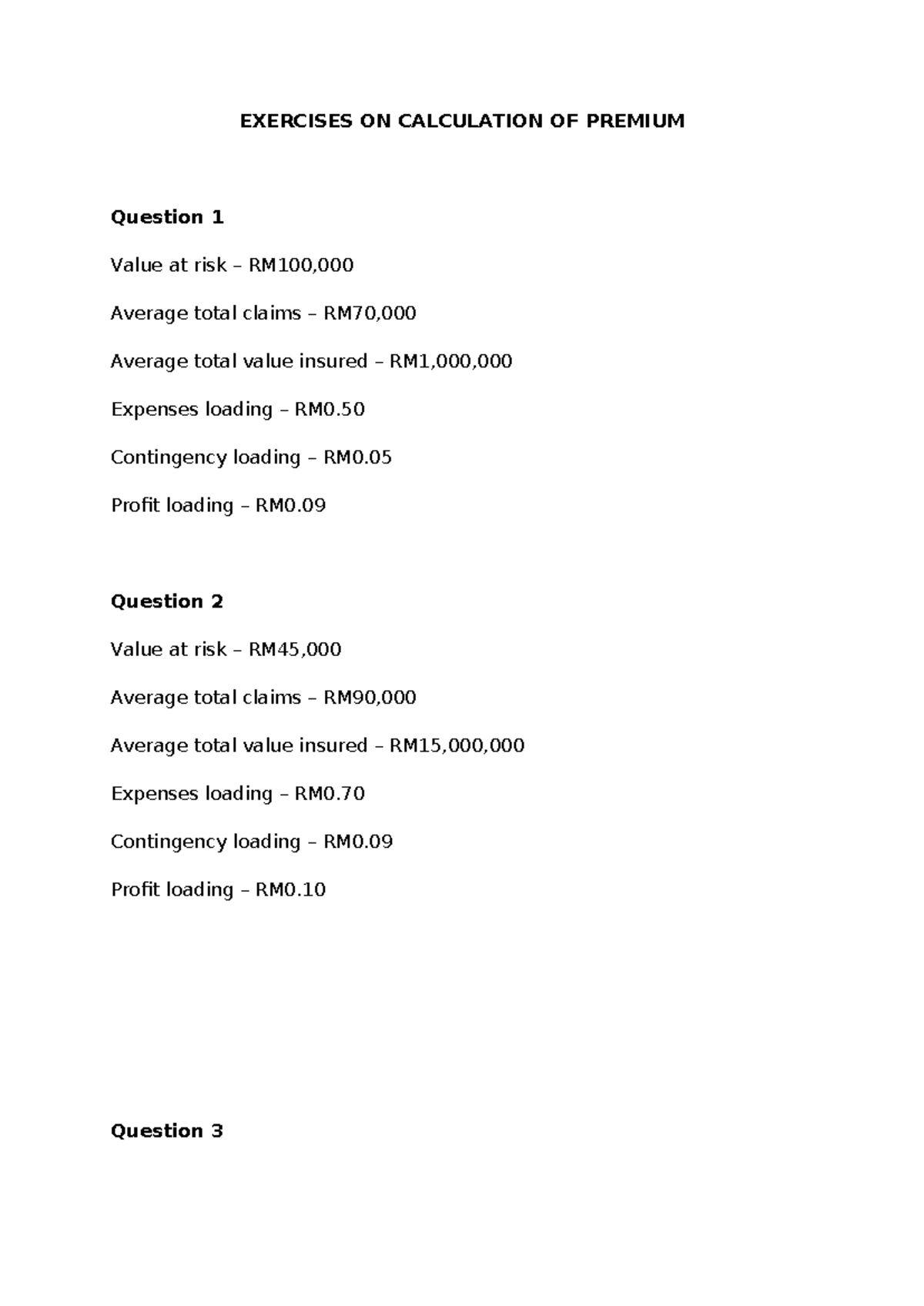 Exercises on Calculation of Premium: Risk Assessment & Premium Rates ...